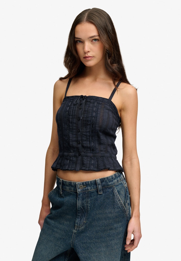 Superdry Ladies Lace Cami Top-Eclipse Navy ECLIPSE NAVY model front view