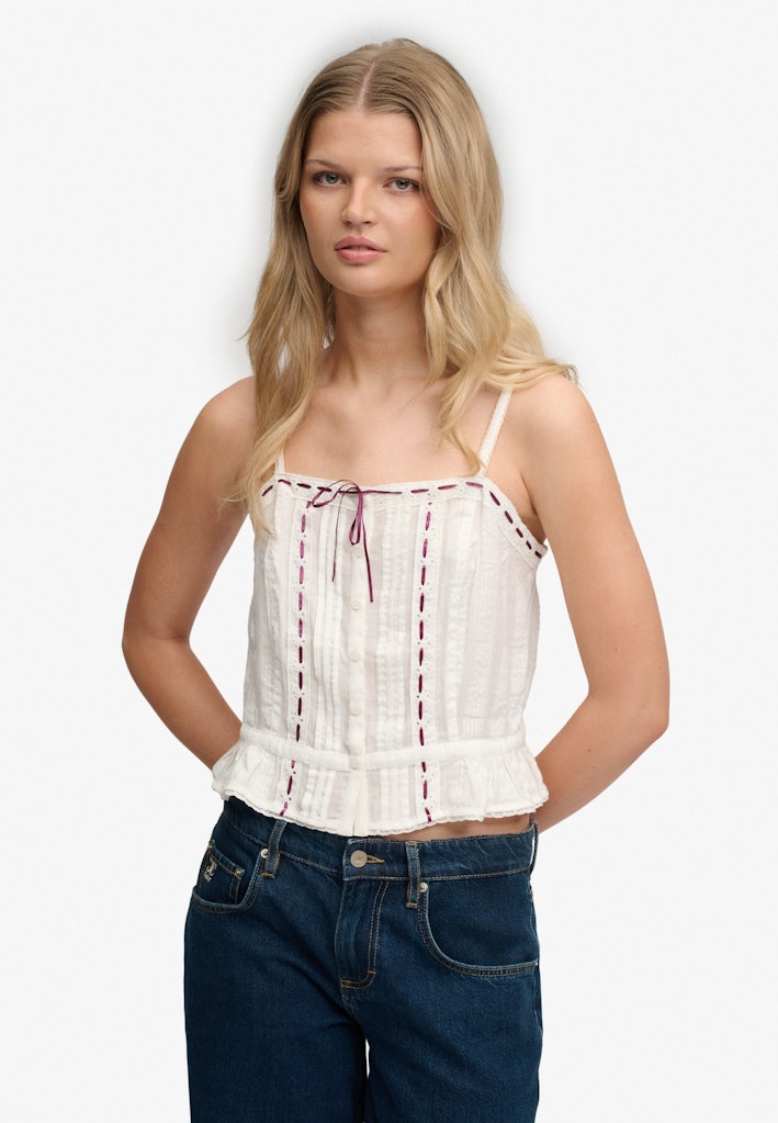 Superdry Ladies Lace Cami Top-Off White sleeveless front view