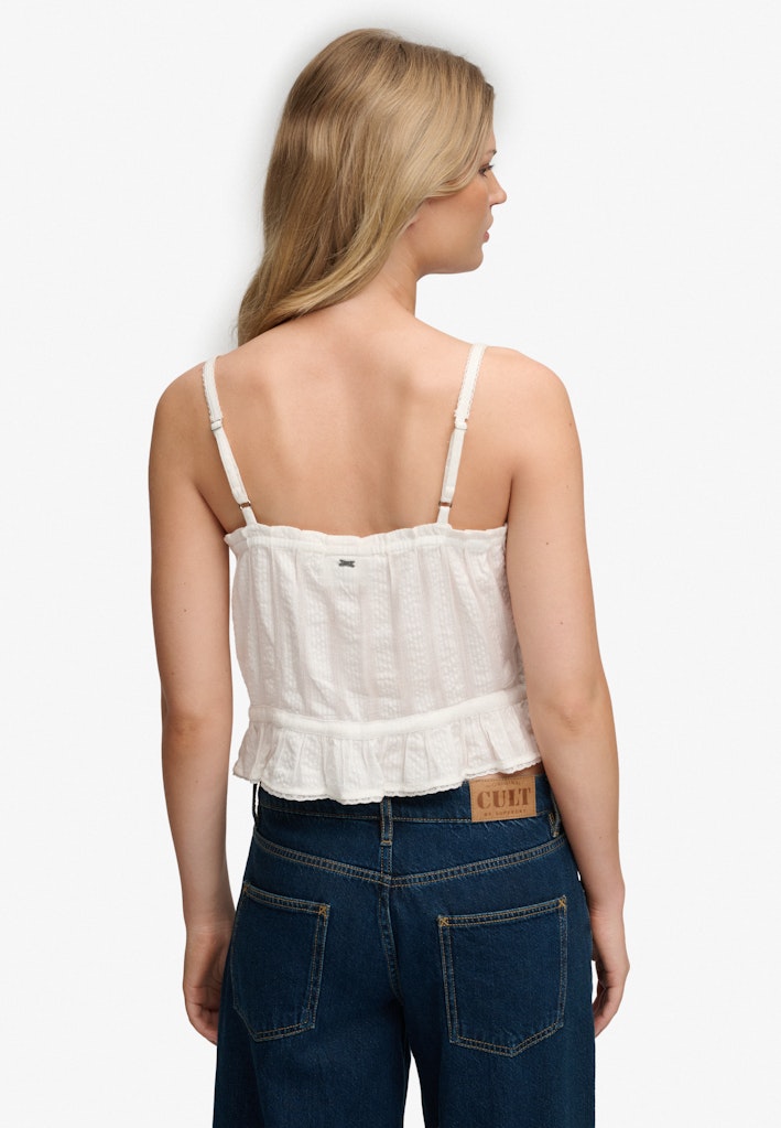 Superdry Ladies Lace Cami Top-Off White back view with adjustable straps and frill hem