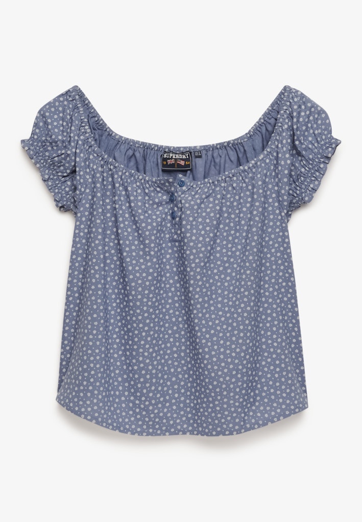 Superdry Ladies Short Sleeve 1/2 Button Woven Top-Tidal Blue Ditsy Hearts Tidal Blue Ditsy Hearts flat front view