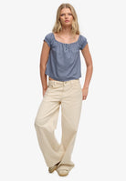 Superdry Ladies Short Sleeve 1/2 Button Woven Top-Tidal Blue Ditsy Hearts Tidal Blue Ditsy Hearts model front view