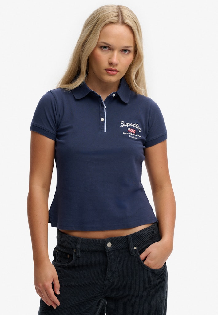 Superdry Ladies Ath Ess Graphic Polo  Navy cropped front view