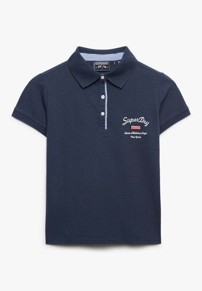Superdry Ladies Ath Ess Graphic Polo- Navy Navy model front view