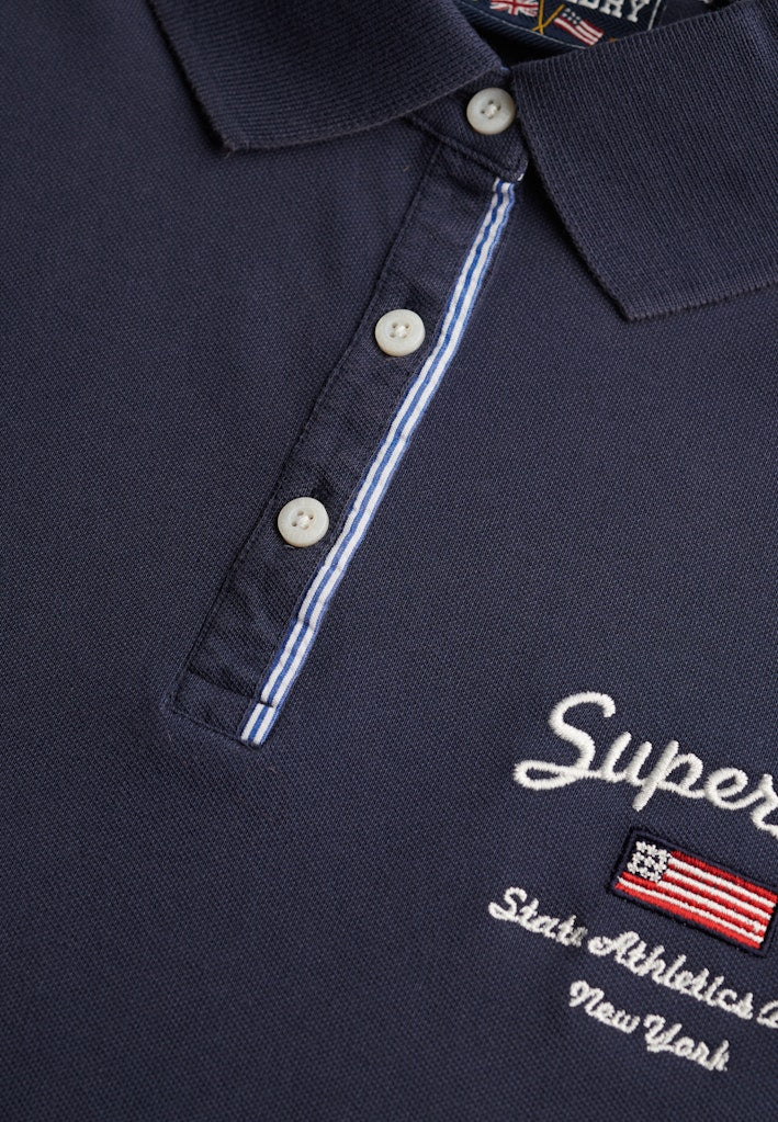 Superdry Ladies Ath Ess Graphic Polo Navy button placket and embroidery detail