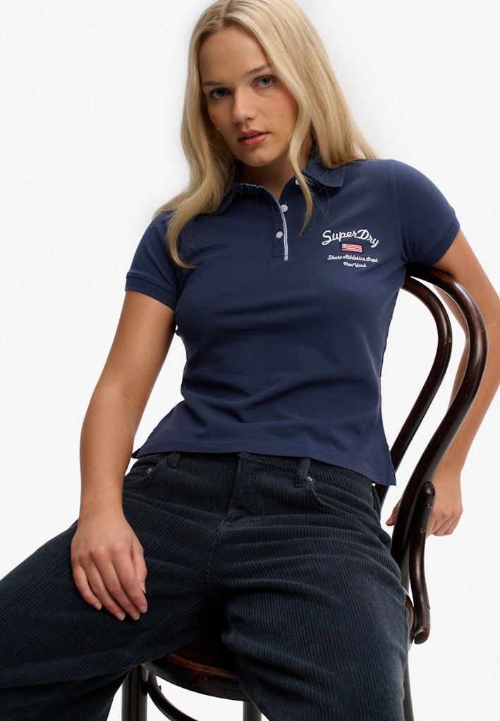 Superdry Ladies Ath Ess Graphic Polo  Navy short sleeve front view