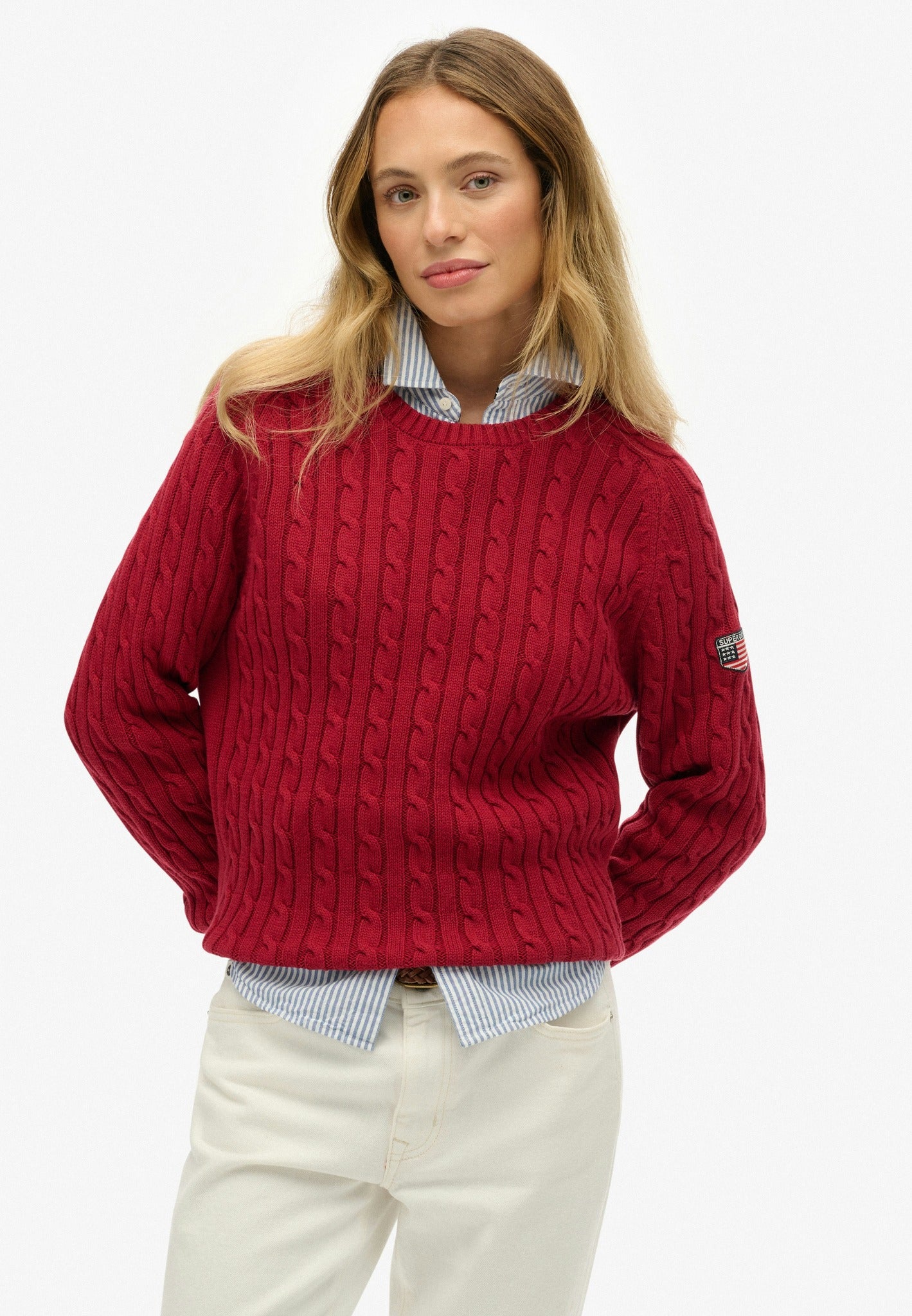 Superdry Slouchy Cable Knit in Bordeaux Red on model