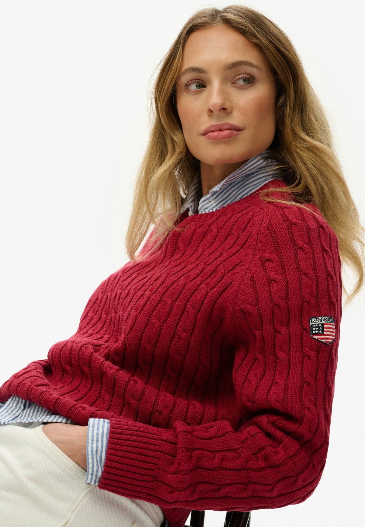 Superdry Slouchy Cable Knit in Bordeaux Red seated view