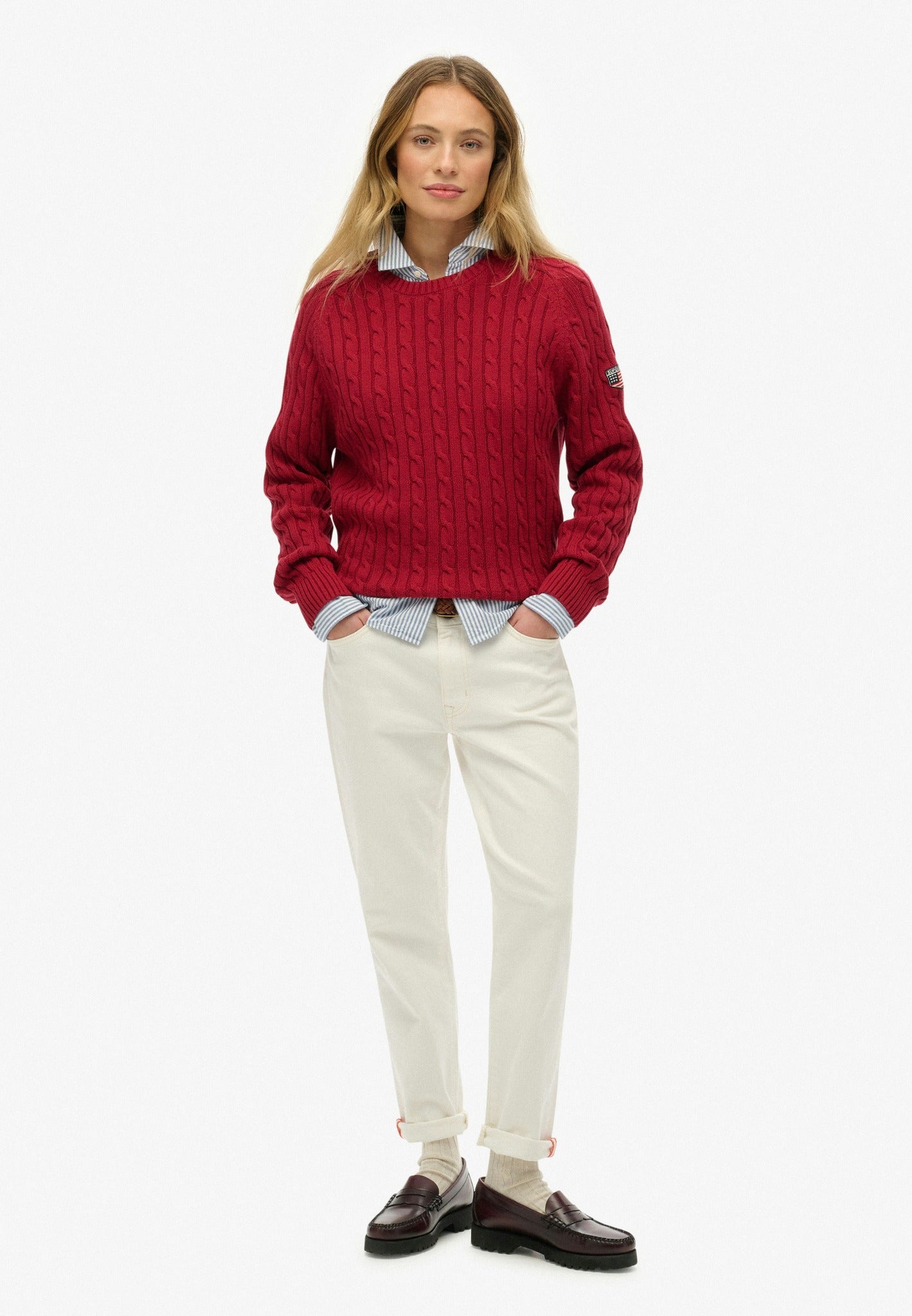 Superdry Slouchy Cable Knit in Bordeaux Red full length view