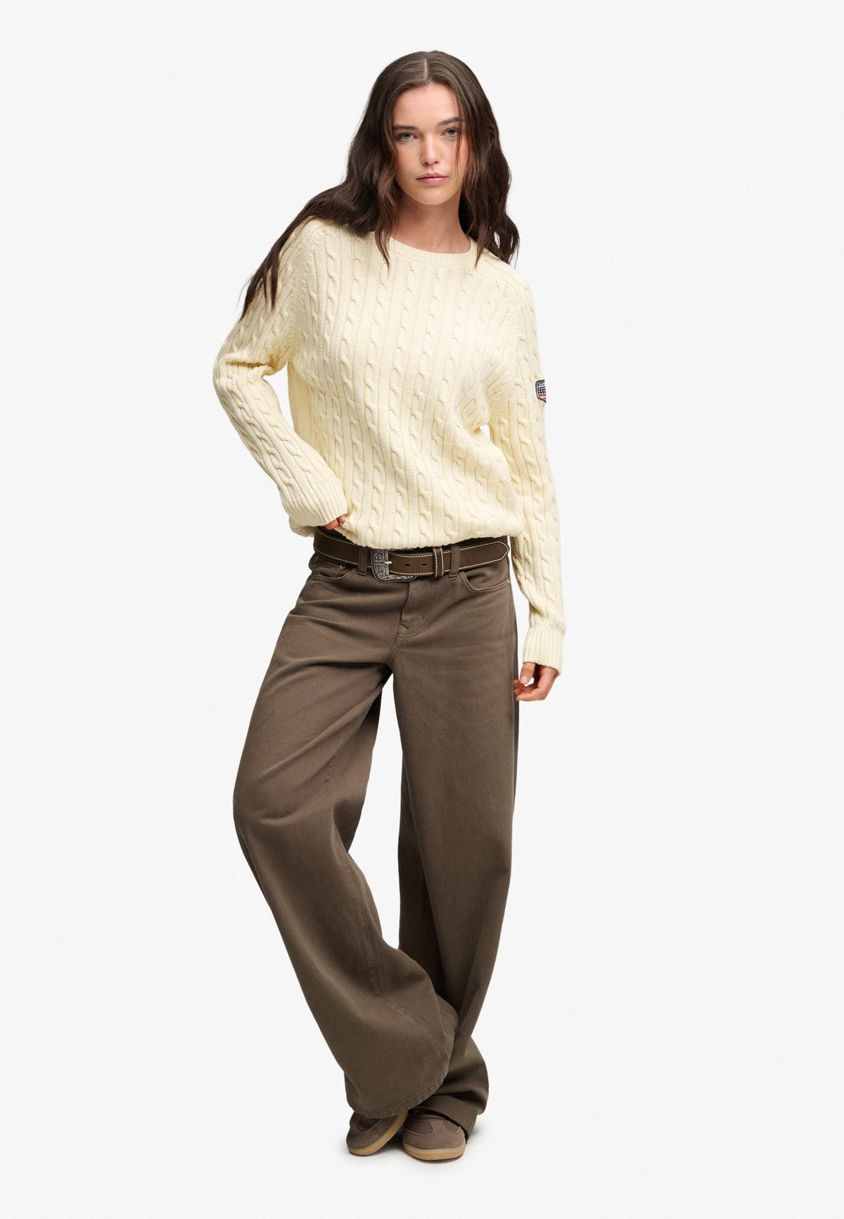 Superdry Slouchy Cable Knit in Natural White full length view