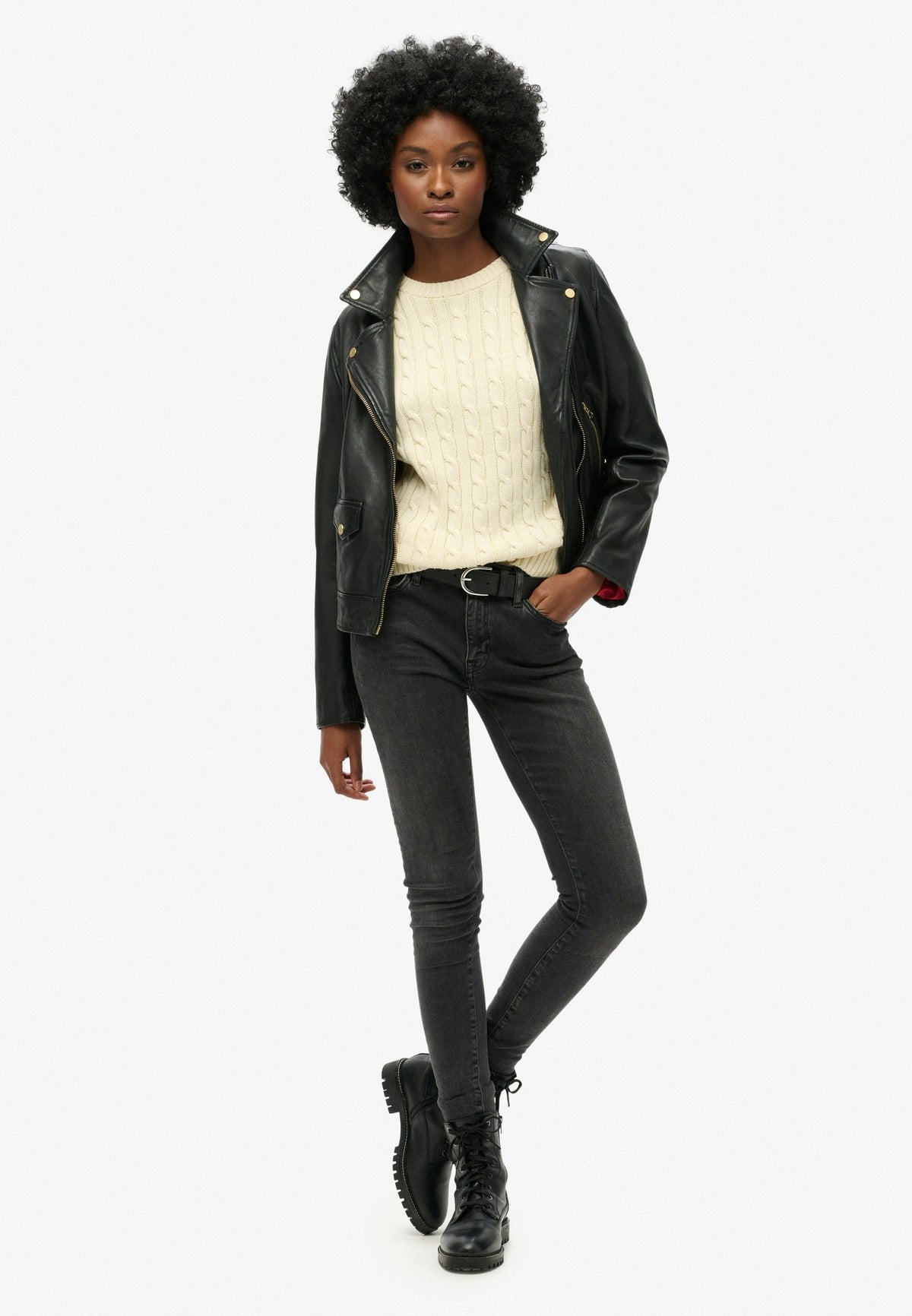 Superdry Slouchy Cable Knit in Natural White full length view angled view