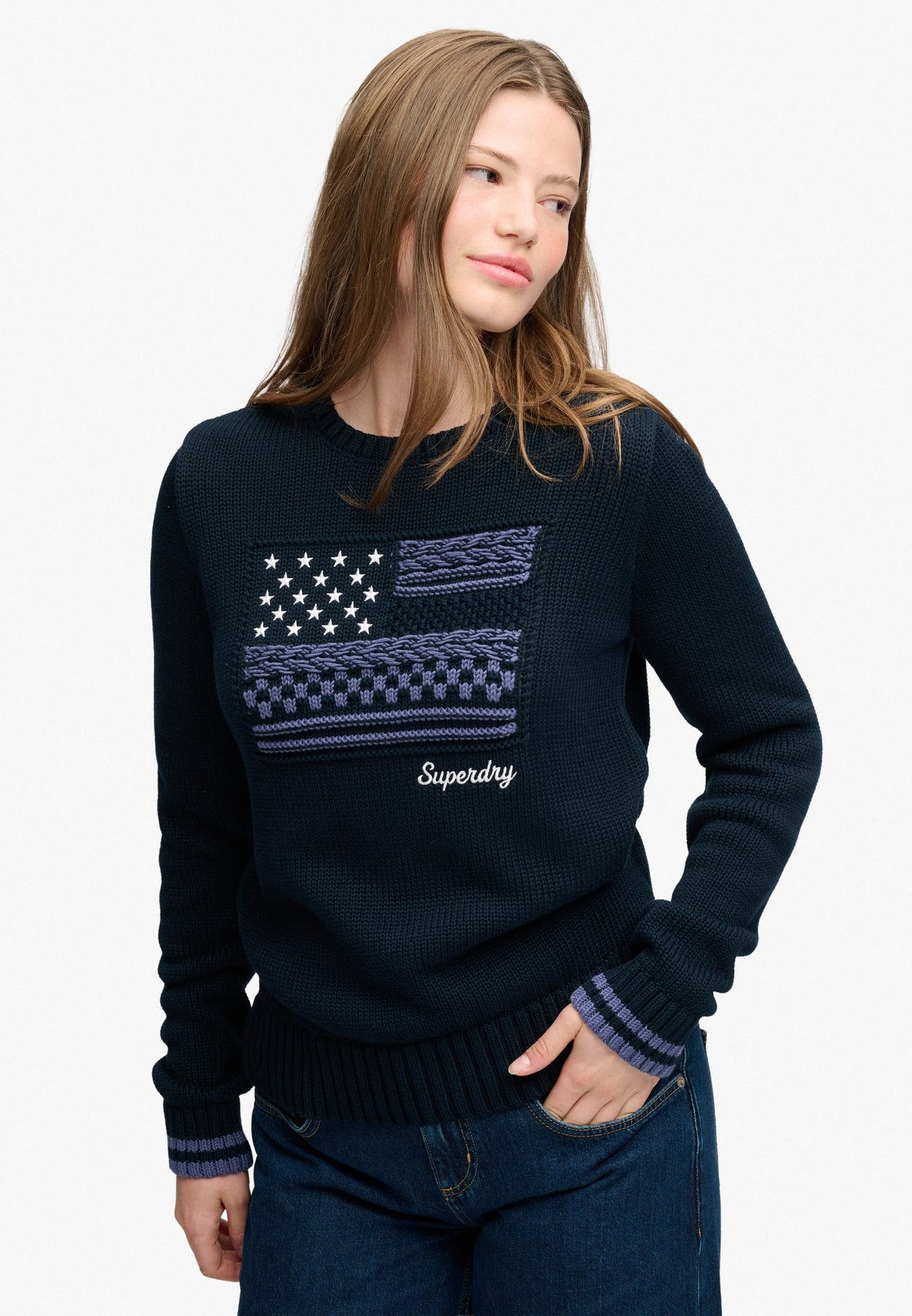 Superdry Statement Cable Flag Knit in Eclipse Navy angled view on model