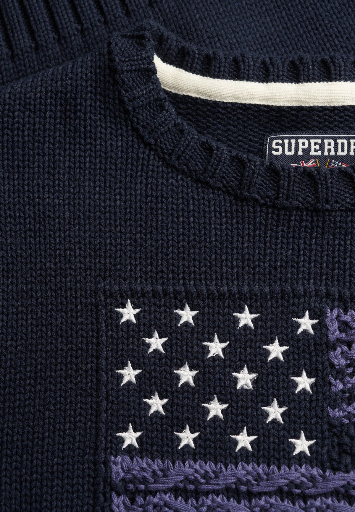 Superdry Statement Cable Flag Knit in Eclipse Navy knit pattern detail