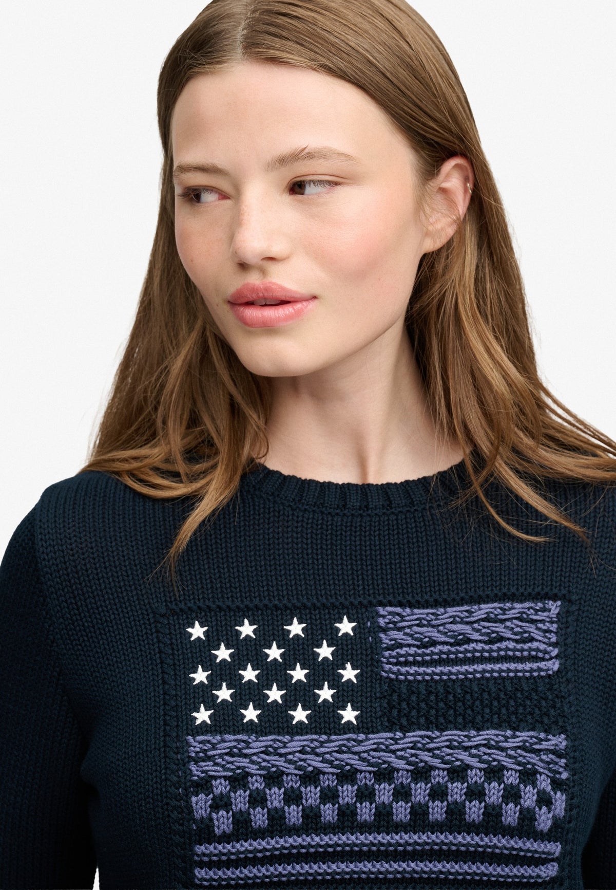 Superdry Statement Cable Flag Knit in Eclipse Navy on model