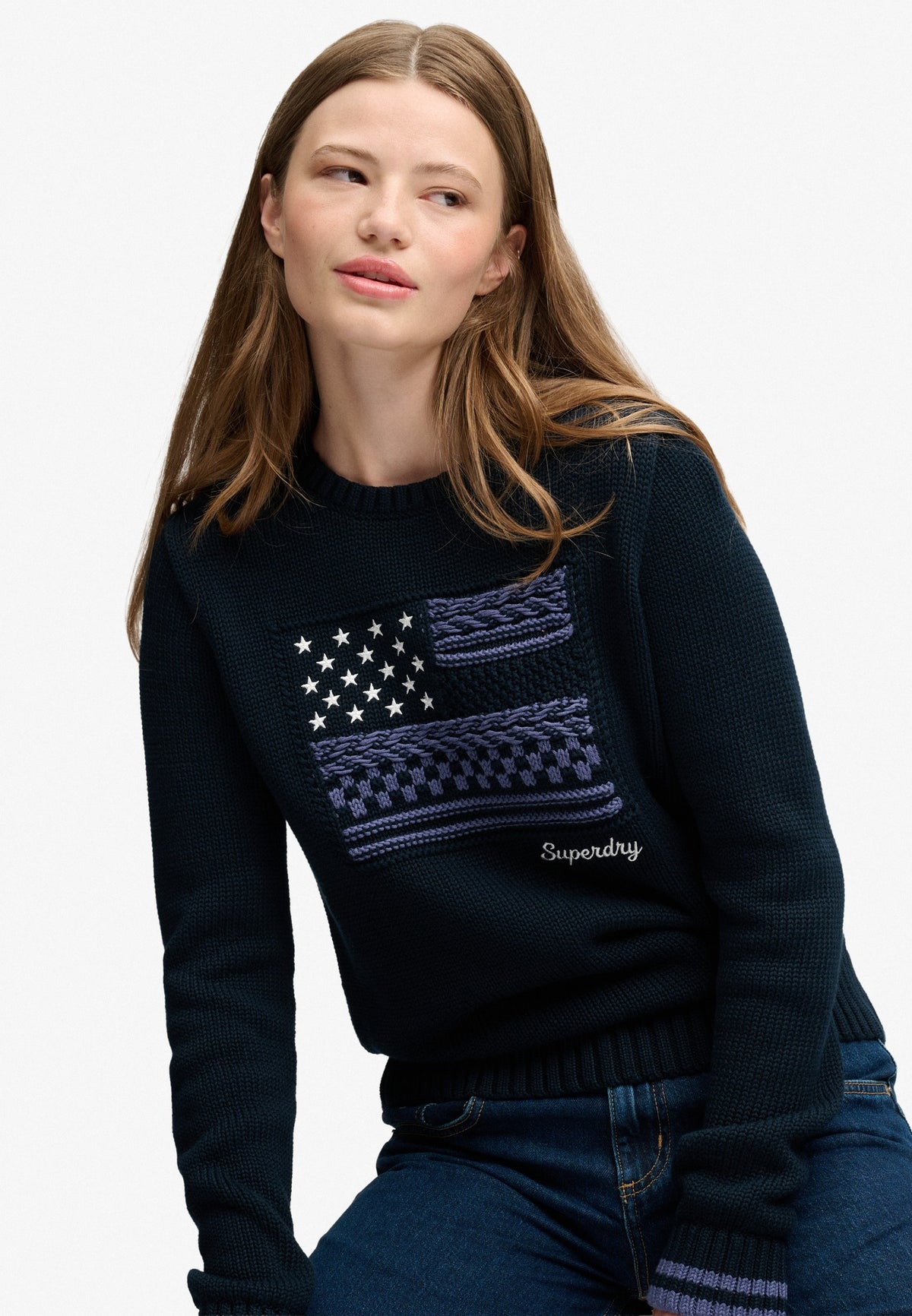 Superdry Statement Cable Flag Knit in Eclipse Navy seated view