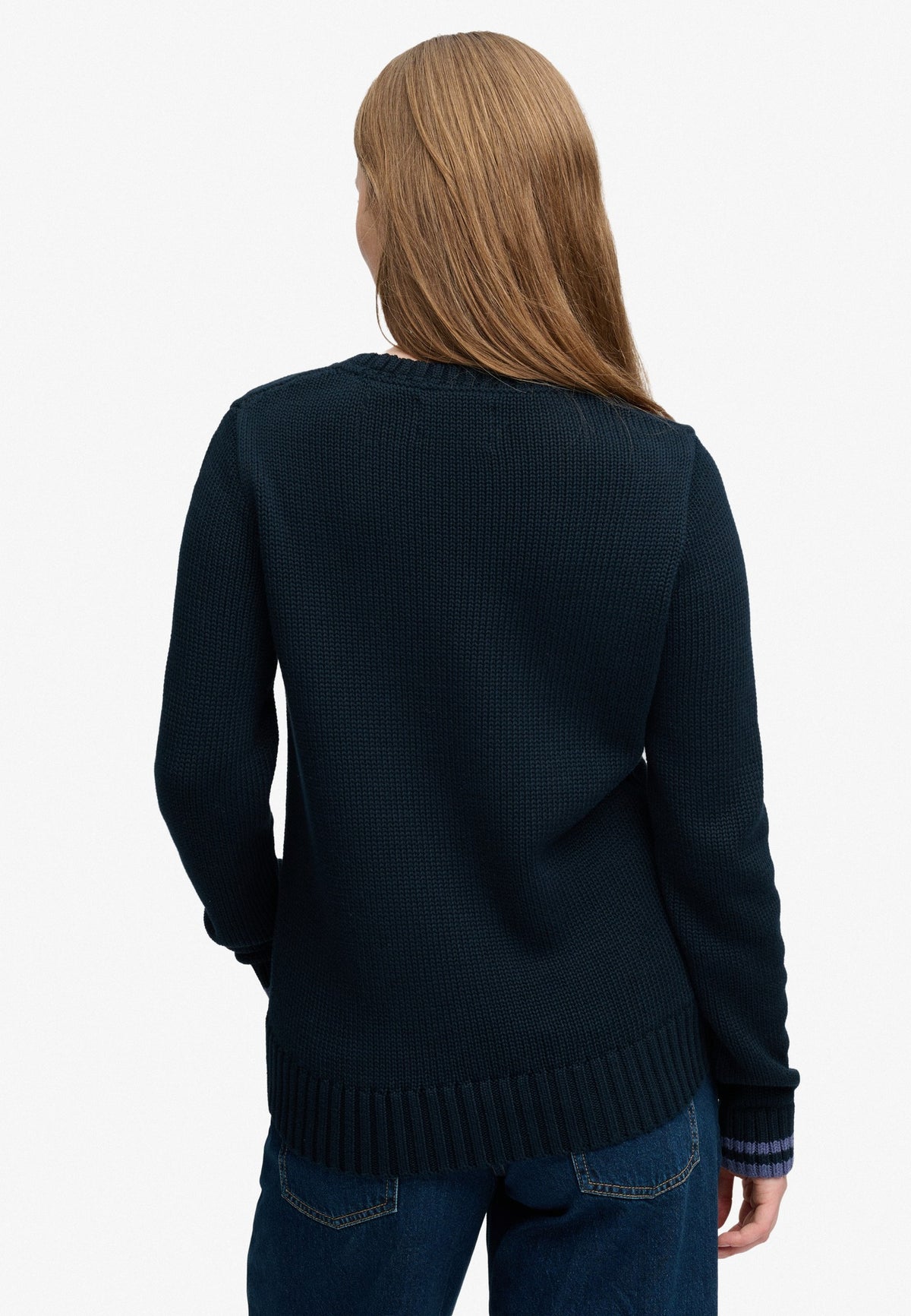 Superdry Statement Cable Flag Knit in Eclipse Navy back view on model