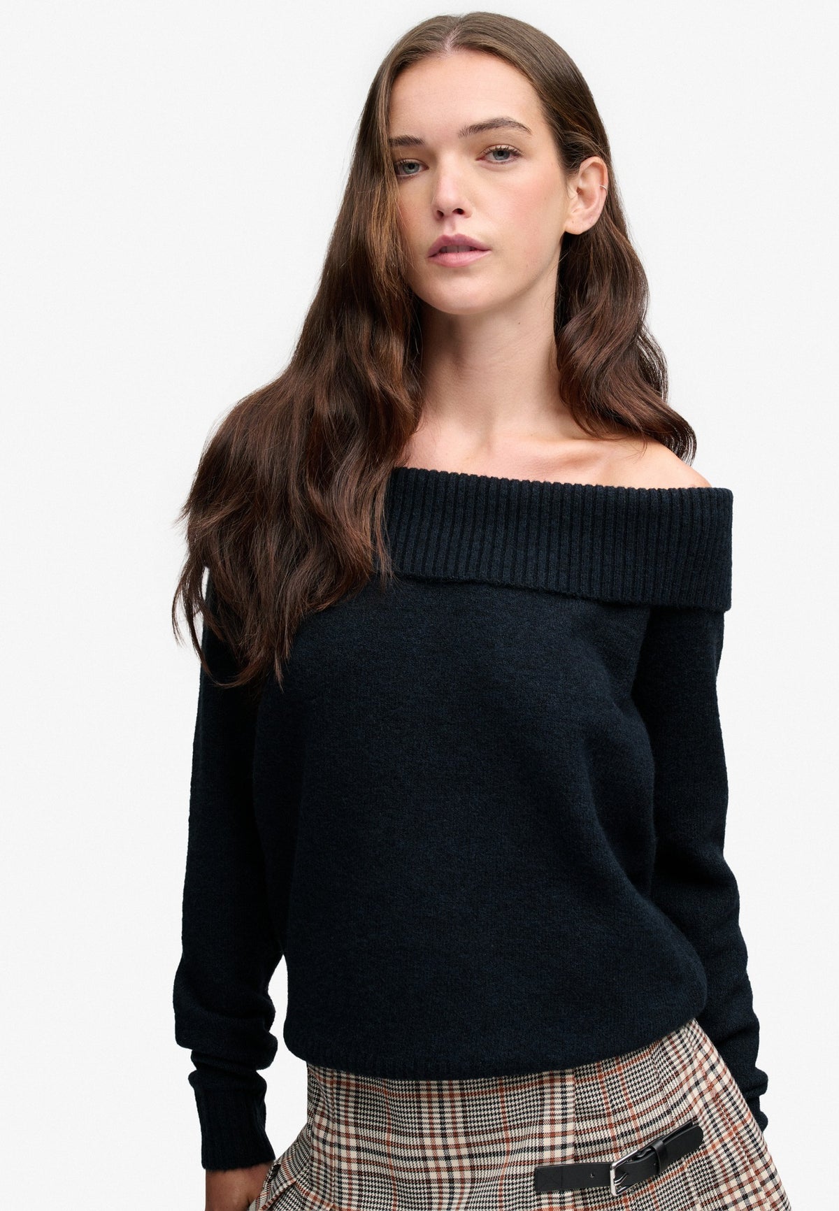 Superdry Bardot Knitted Jumper in Eclipse Navy on model