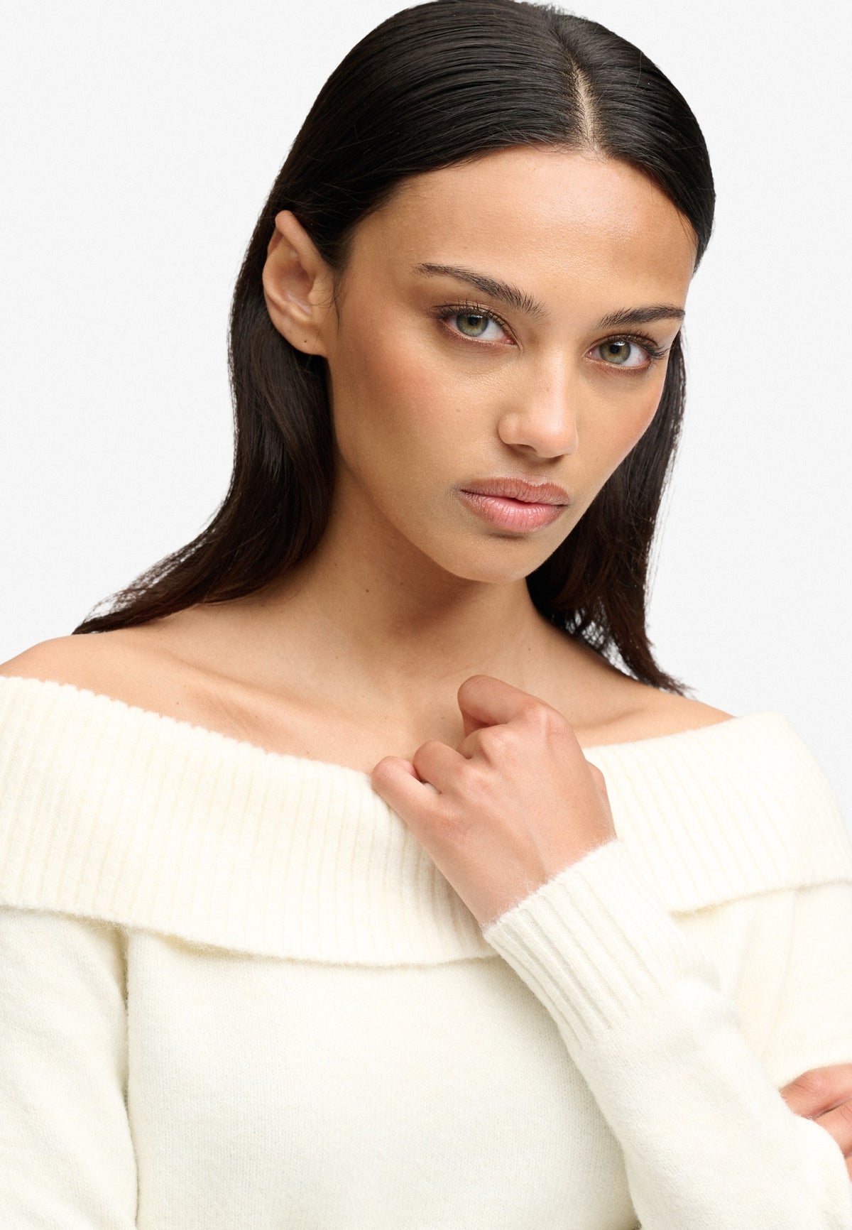 Superdry Bardot Knitted Jumper in Desert Bone Off White off-shoulder neckline