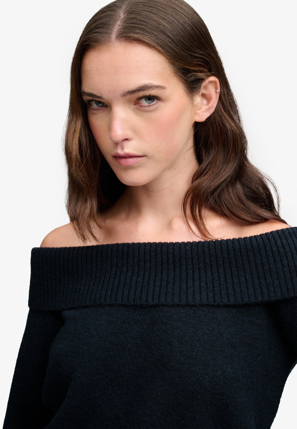 Superdry Bardot Knitted Jumper in Eclipse Navy off-shoulder ribbed neckline