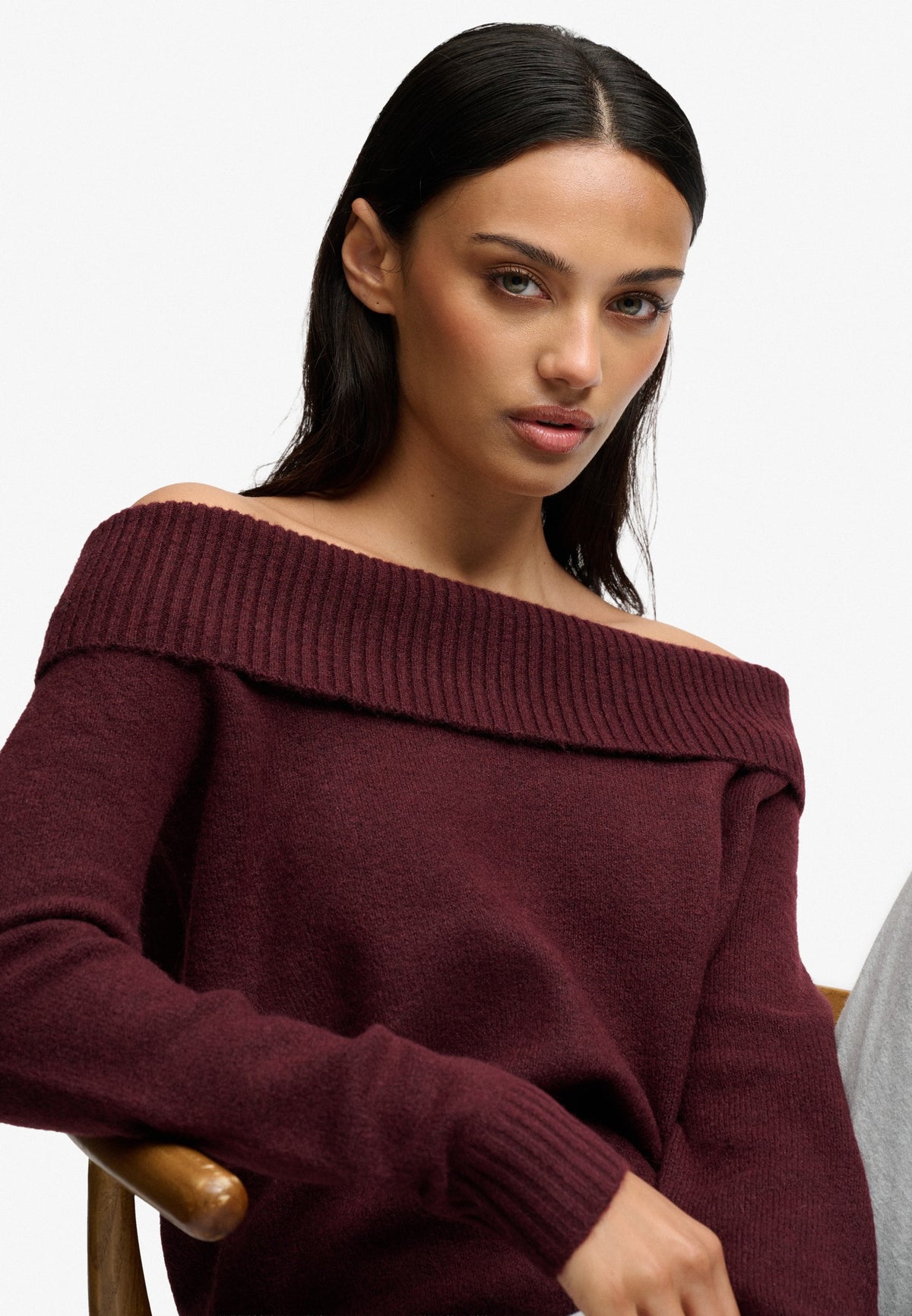 Superdry Bardot Knitted Jumper in Port Red angled view