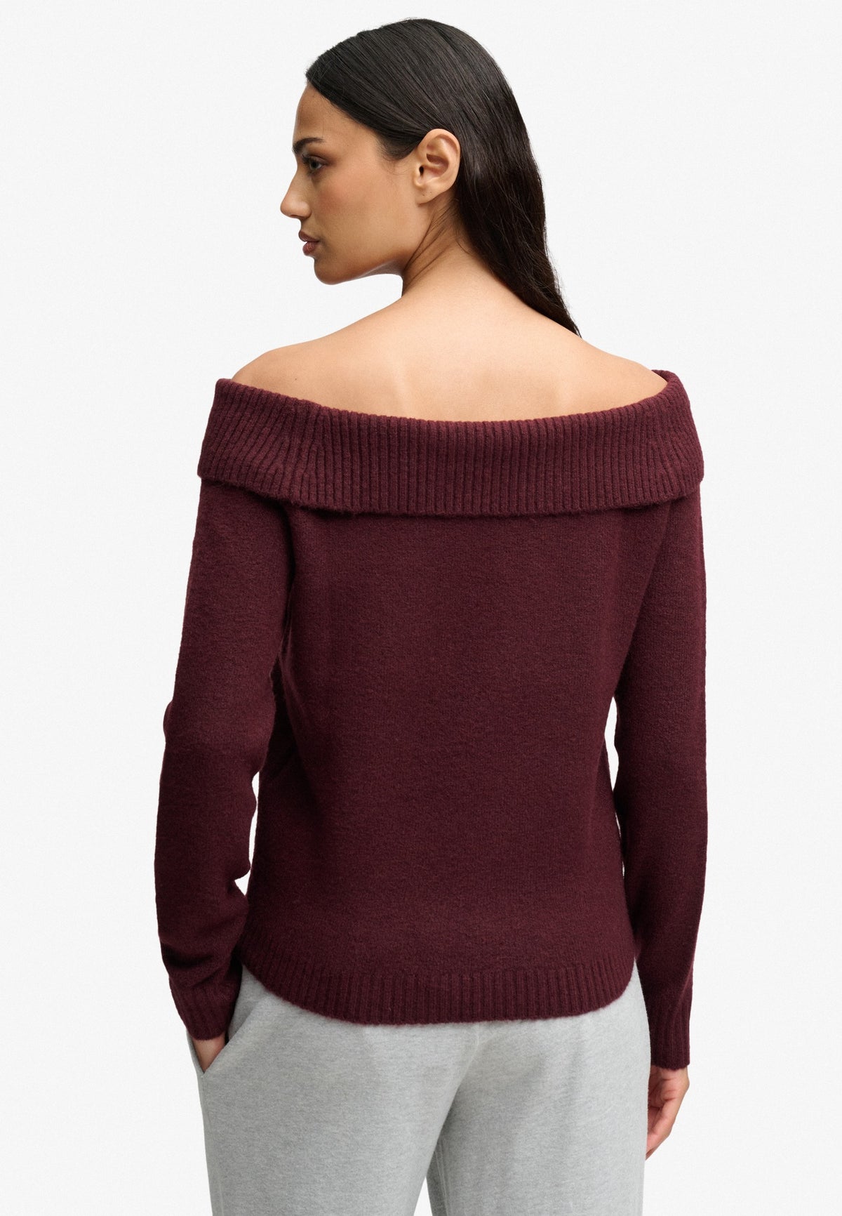 Superdry Bardot Knitted Jumper in Port Red back view on model