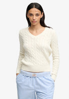 Superdry Wool Blend Cable V Neck in Cream on model