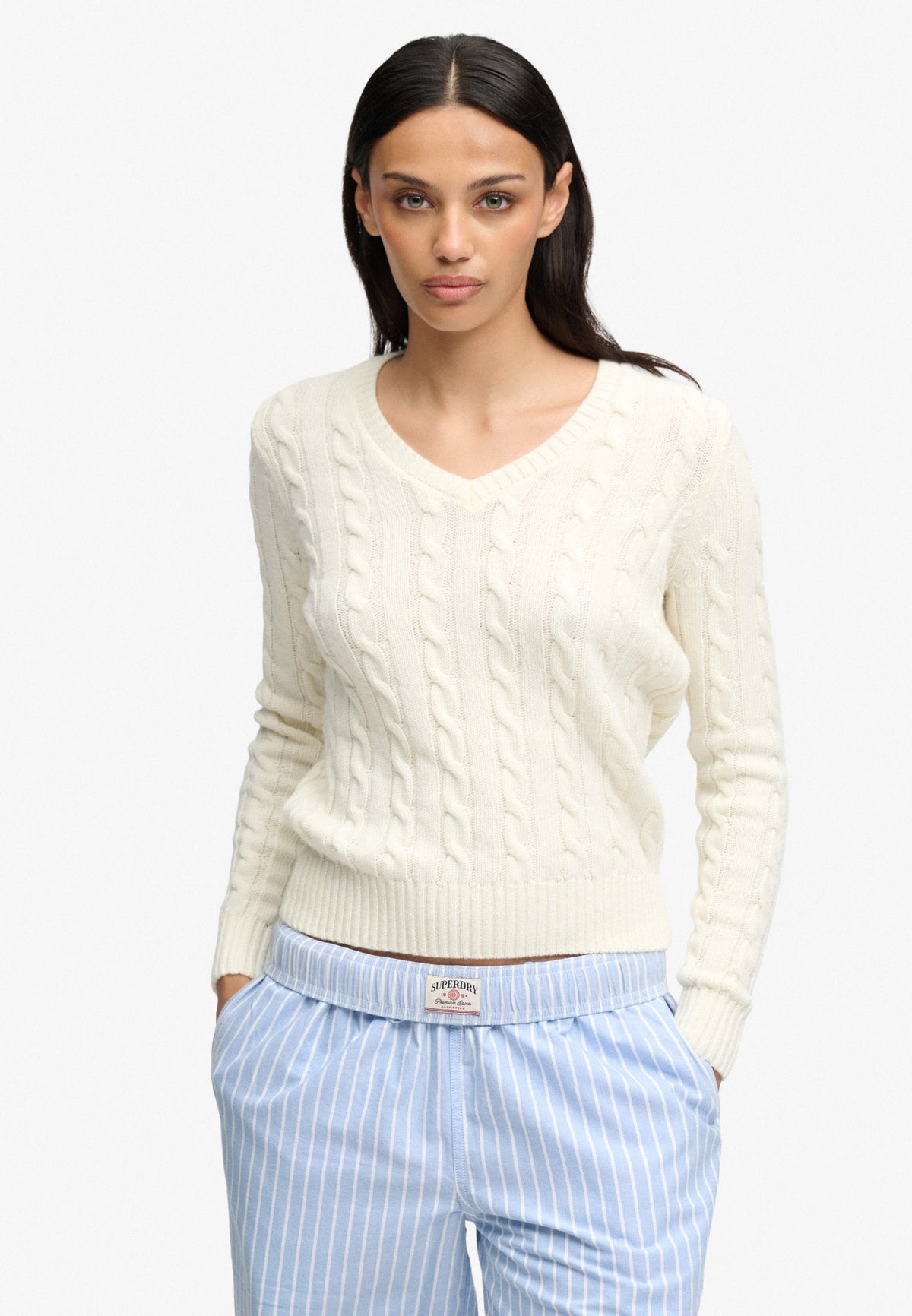 Superdry Wool Blend Cable V Neck in Cream on model