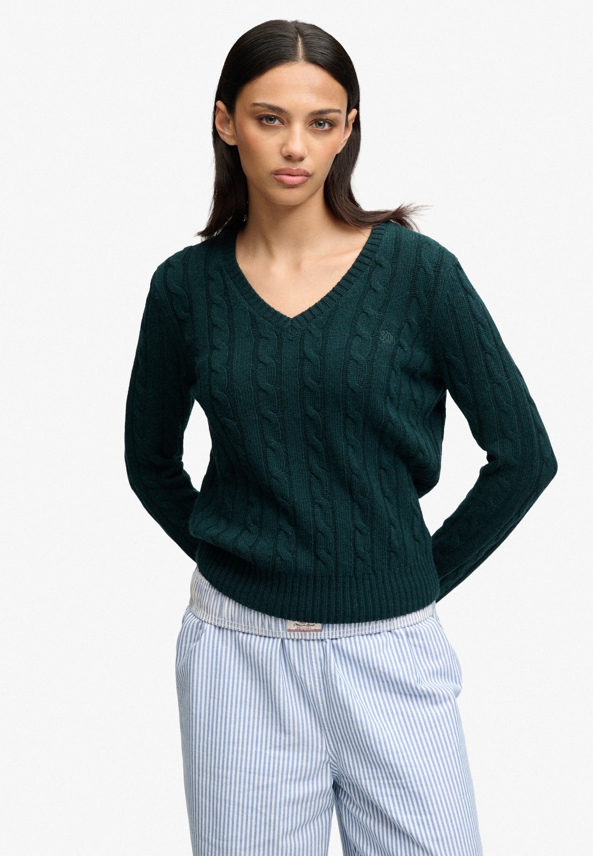 Superdry Wool Blend Cable V Neck in Pine Green Marl front view