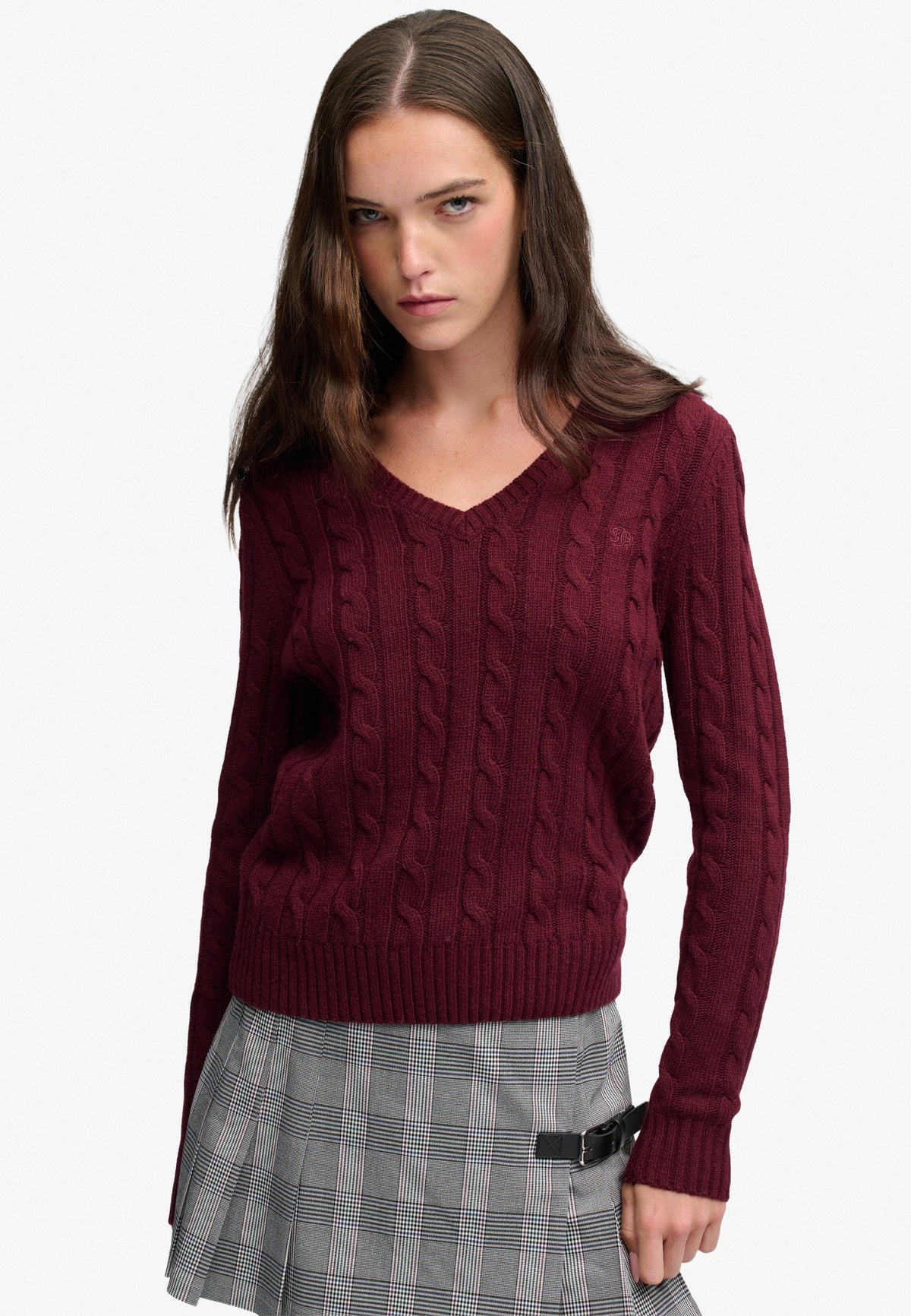 Superdry Wool Blend Cable V Neck in Port Marl on model