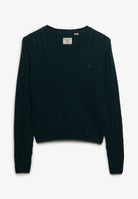 Superdry Wool Blend Cable V Neck in Pine Green Marl angled view