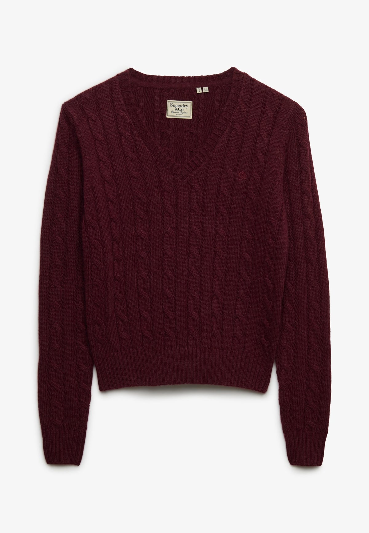 Superdry Wool Blend Cable V Neck in Port Marl front view