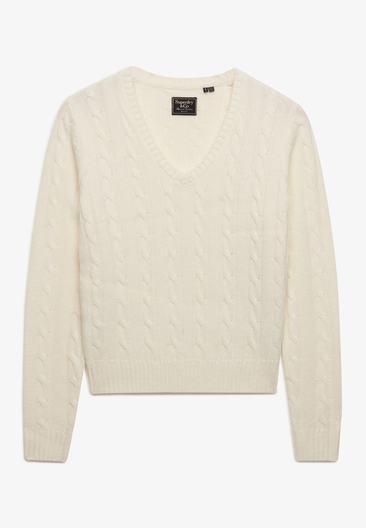 Superdry Wool Blend Cable V Neck in Cream angled view