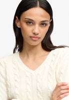 Superdry Wool Blend Cable V Neck in Cream upper body view