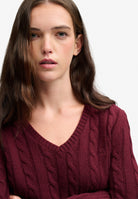 Superdry Wool Blend Cable V Neck in Port Marl cable knit detail angled view