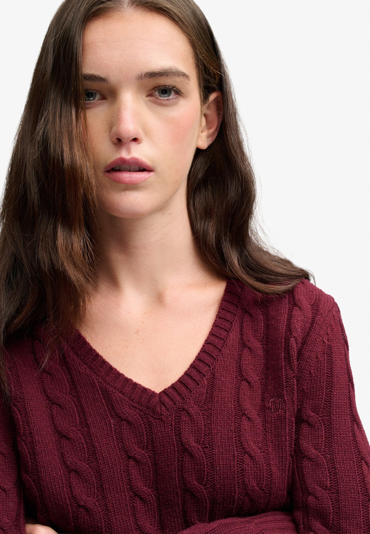 Superdry Wool Blend Cable V Neck in Port Marl cable knit detail angled view