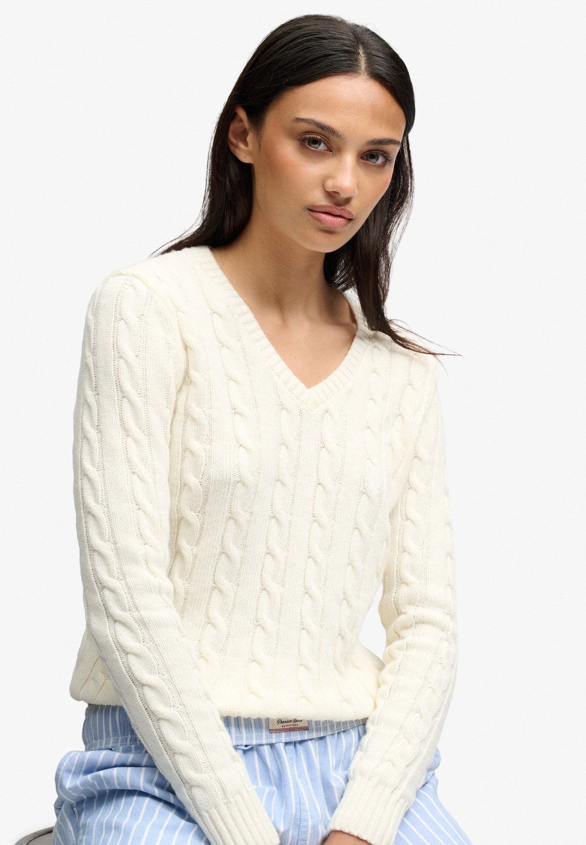 Superdry Wool Blend Cable V Neck in Cream side view