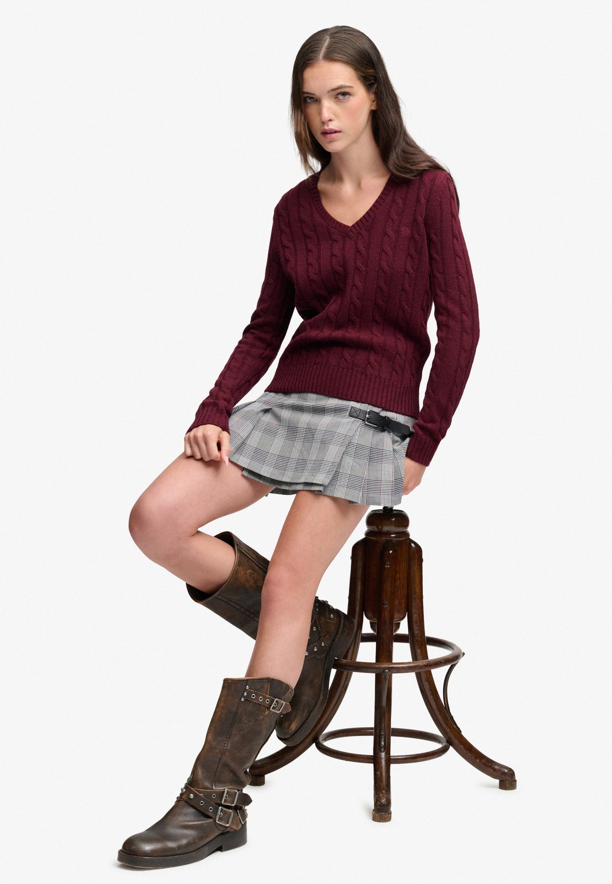 Superdry Wool Blend Cable V Neck in Port Marl seated view