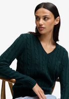 Superdry Wool Blend Cable V Neck in Pine Green Marl close-up detail