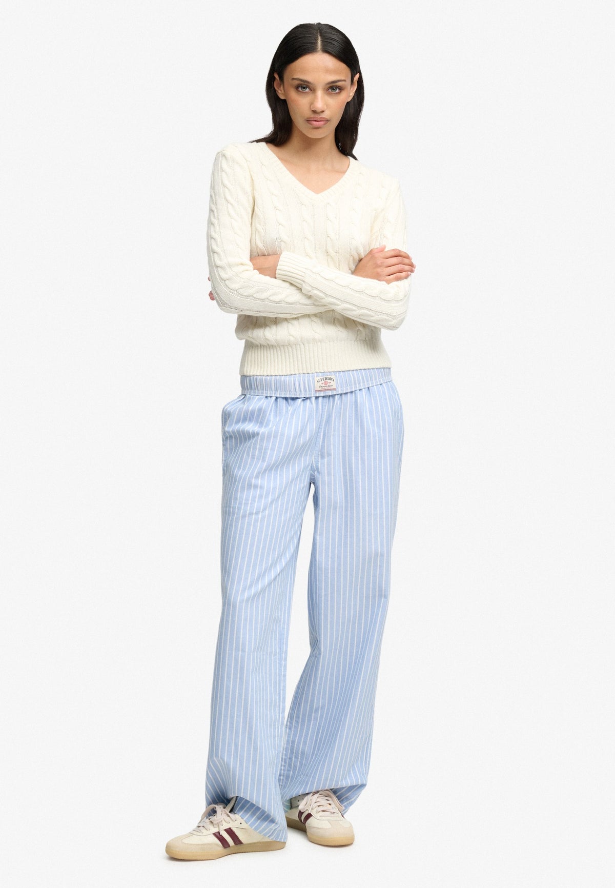 Superdry Wool Blend Cable V Neck in Cream full length view