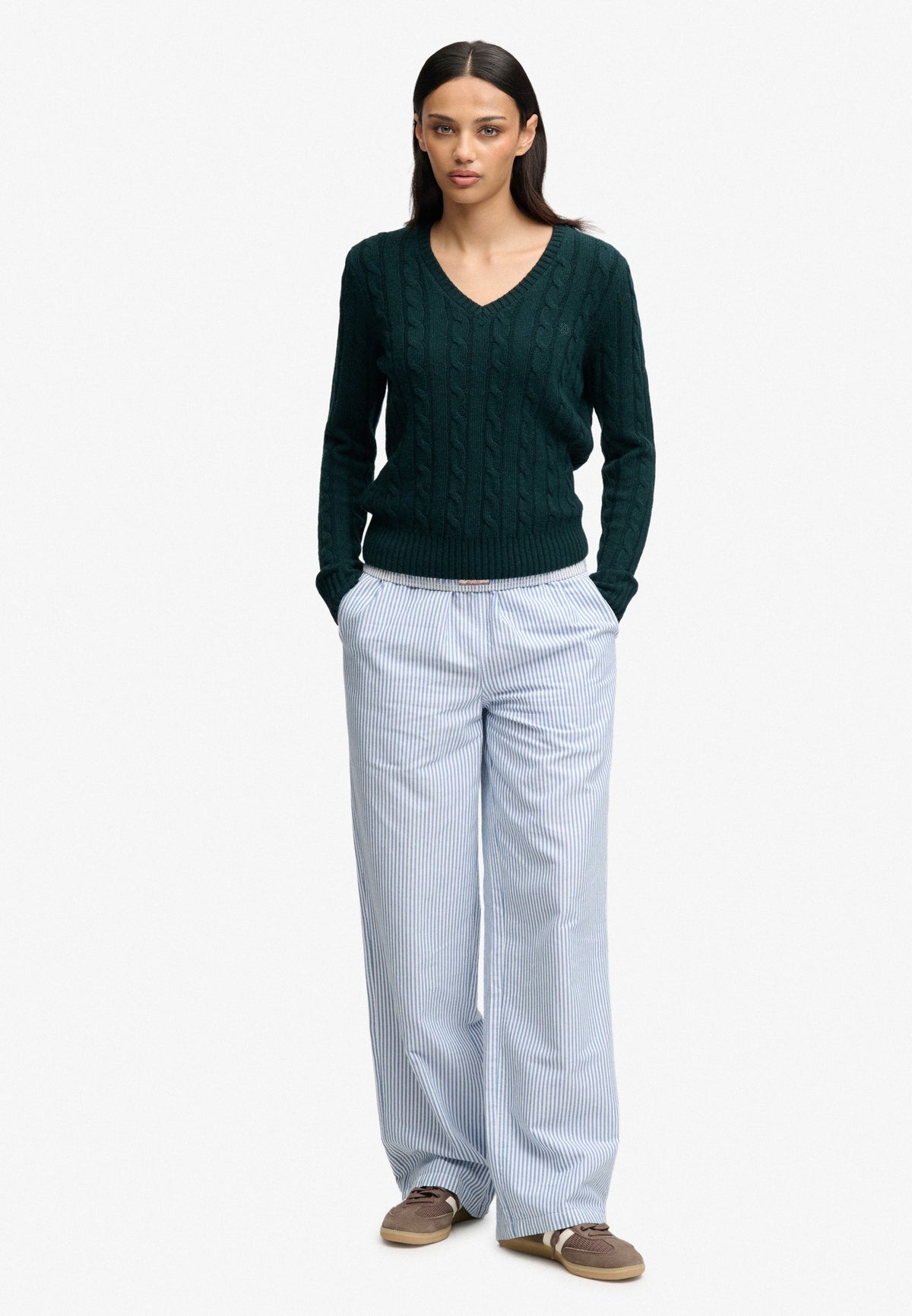 Superdry Wool Blend Cable V Neck in Pine Green Marl full length view