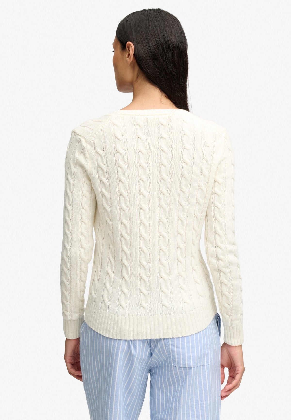 Superdry Wool Blend Cable V Neck in Cream back view on model