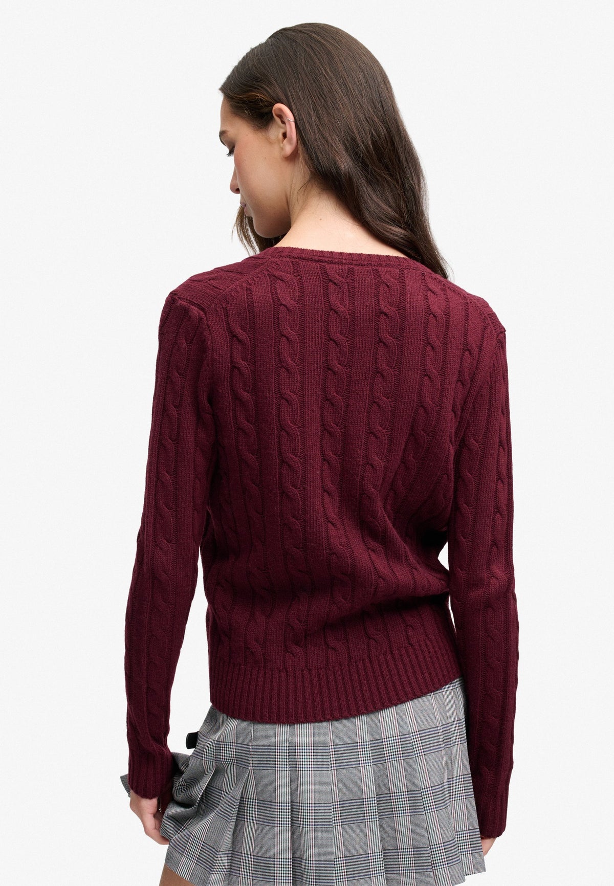 Superdry Wool Blend Cable V Neck in Port Marl back view on model