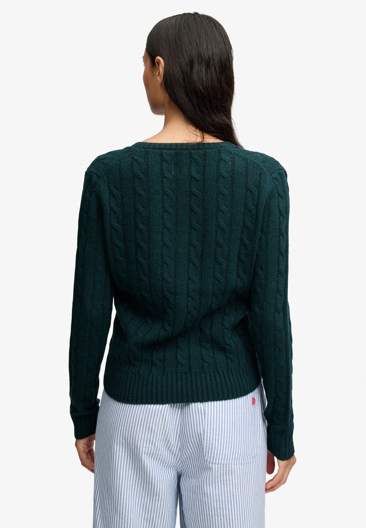 Superdry Wool Blend Cable V Neck in Pine Green Marl back view on model