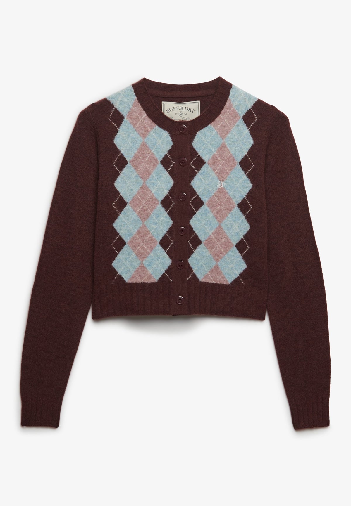 Superdry Argyle Cardigan in Aubergine Purple angled view