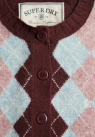 Superdry Argyle Cardigan in Aubergine Purple button placket and argyle pattern detail