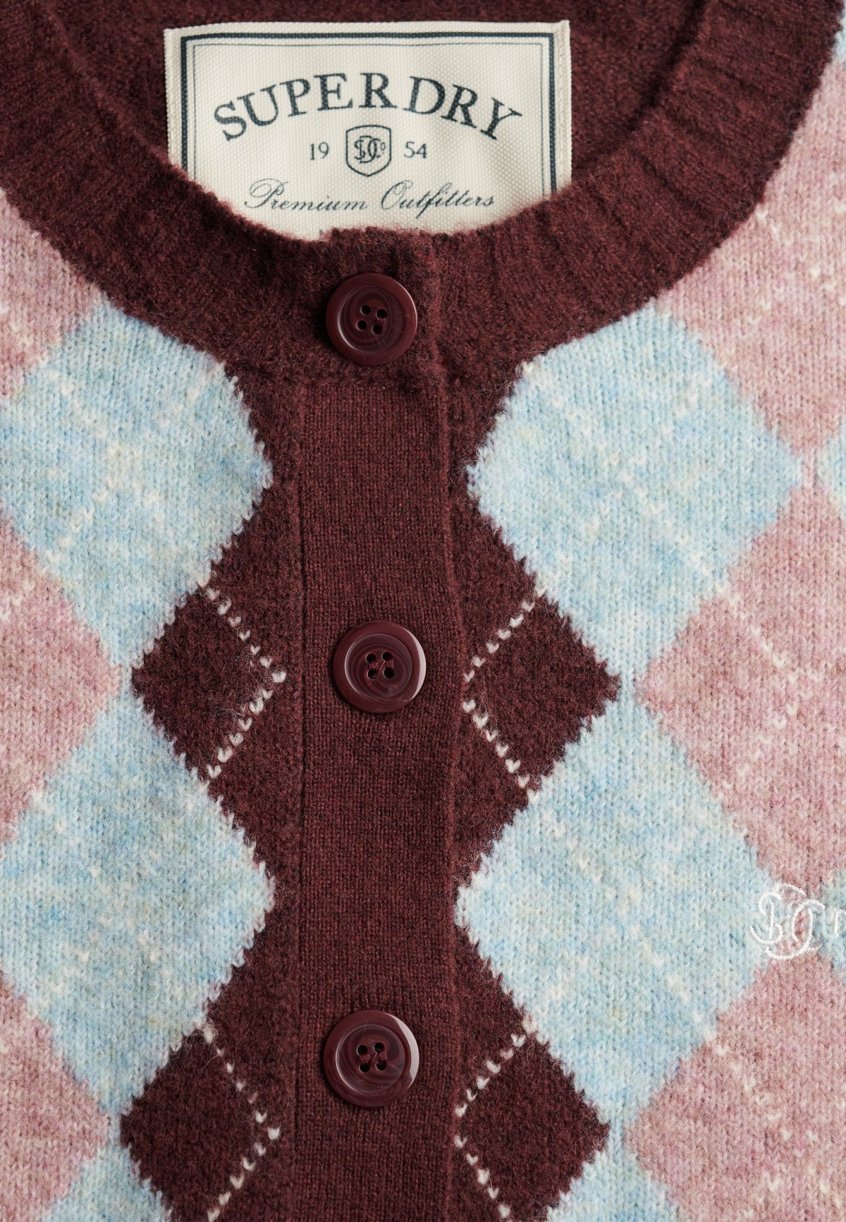 Superdry Argyle Cardigan in Aubergine Purple button placket and argyle pattern detail