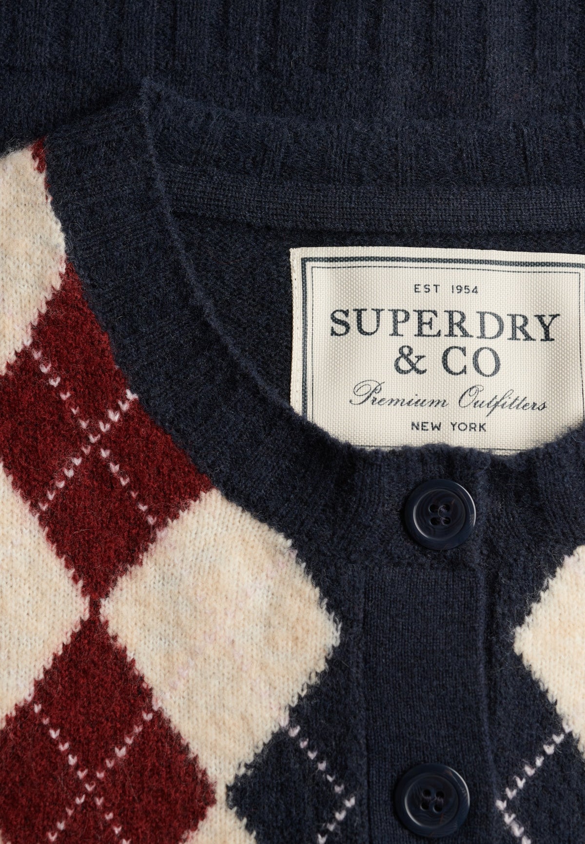 Superdry Argyle Cardigan in Navy button placket and label detail