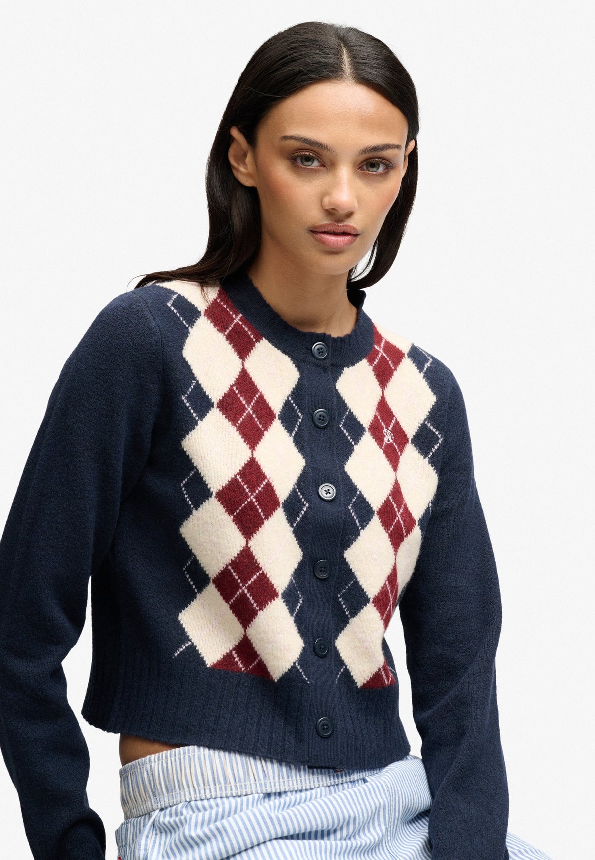 Superdry Argyle Cardigan in Navy on model angled view