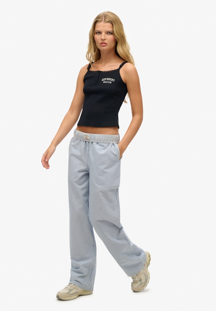 Superdry Ladies Cotton Stripe Elastic Trouser Azure Blue Stripe Oxford full side view