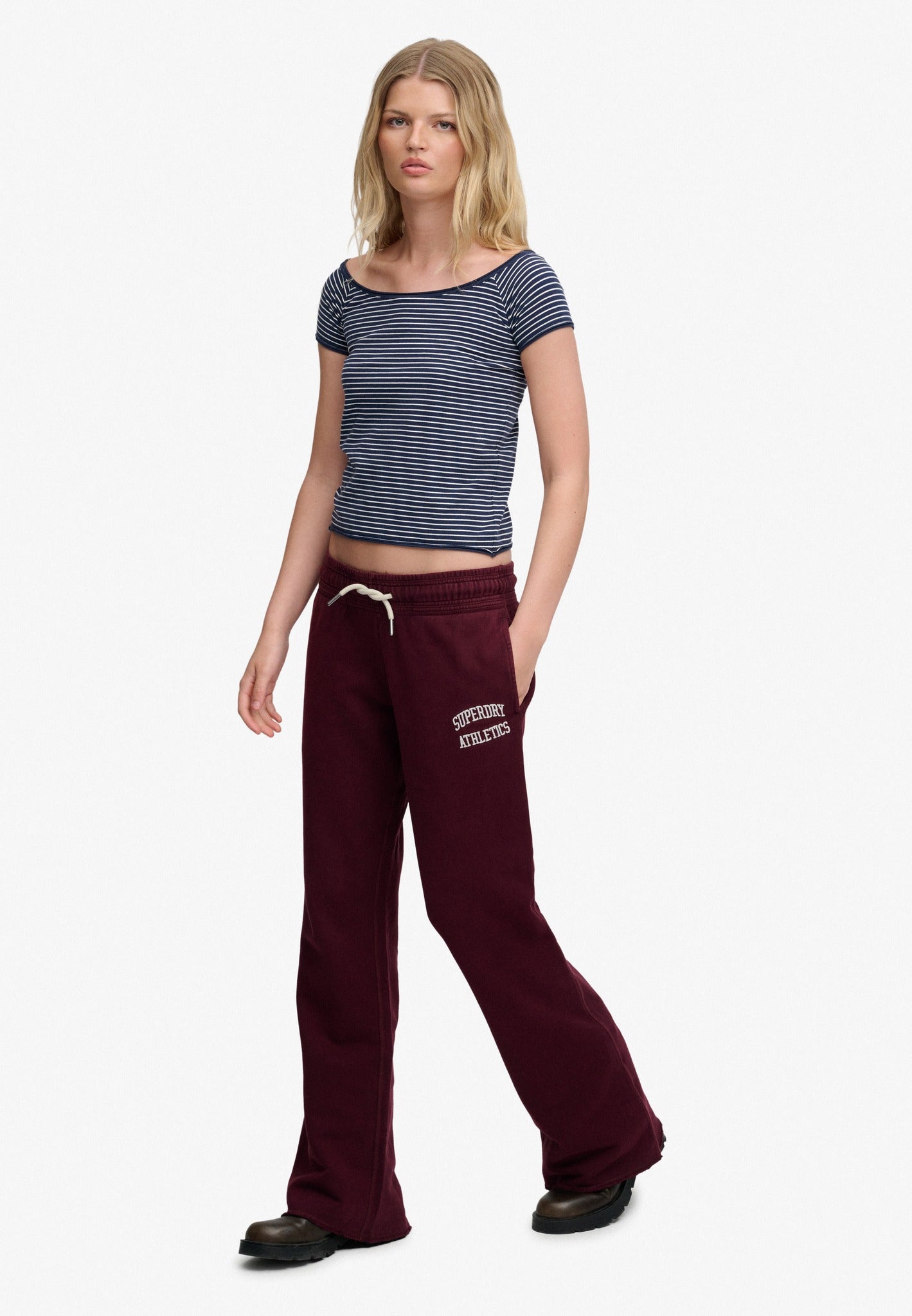 Superdry Athletic Embroidered Flare Jogger in Port Red upper body view