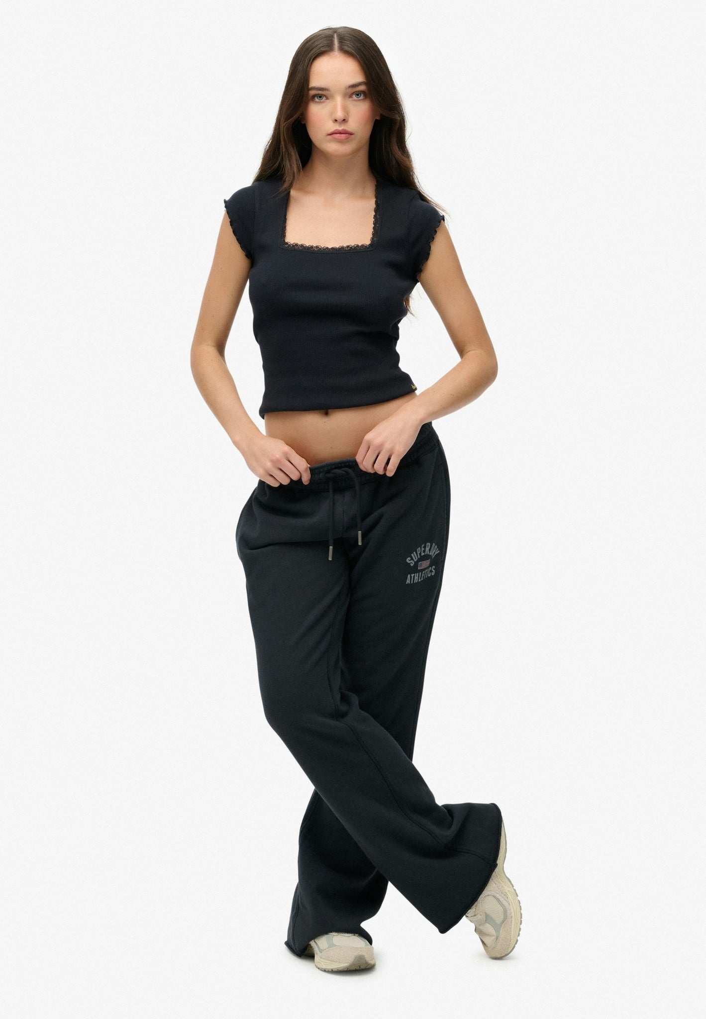 Superdry Athletic Print Flare Jogger in Eclipse Navy full length model view